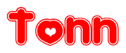The image is a clipart featuring the word Tonn written in a stylized font with a heart shape replacing inserted into the center of each letter. The color scheme of the text and hearts is red with a light outline.