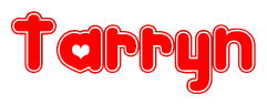   The image is a red and white graphic with the word Tarryn written in a decorative script. Each letter in  is contained within its own outlined bubble-like shape. Inside each letter, there is a white heart symbol. 
