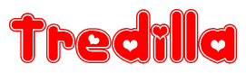 The image is a red and white graphic with the word Tredilla written in a decorative script. Each letter in  is contained within its own outlined bubble-like shape. Inside each letter, there is a white heart symbol.