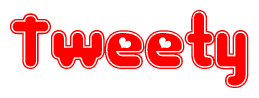 The image is a red and white graphic with the word Tweety written in a decorative script. Each letter in  is contained within its own outlined bubble-like shape. Inside each letter, there is a white heart symbol.