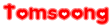 The image is a clipart featuring the word Tomsoong written in a stylized font with a heart shape replacing inserted into the center of each letter. The color scheme of the text and hearts is red with a light outline.