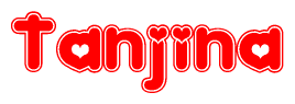 The image is a clipart featuring the word Tanjina written in a stylized font with a heart shape replacing inserted into the center of each letter. The color scheme of the text and hearts is red with a light outline.