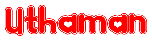 The image is a clipart featuring the word Uthaman written in a stylized font with a heart shape replacing inserted into the center of each letter. The color scheme of the text and hearts is red with a light outline.