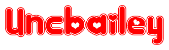 The image is a red and white graphic with the word Uncbailey written in a decorative script. Each letter in  is contained within its own outlined bubble-like shape. Inside each letter, there is a white heart symbol.