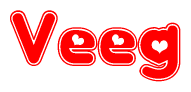 The image is a clipart featuring the word Veeg written in a stylized font with a heart shape replacing inserted into the center of each letter. The color scheme of the text and hearts is red with a light outline.