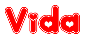 The image is a clipart featuring the word Vida written in a stylized font with a heart shape replacing inserted into the center of each letter. The color scheme of the text and hearts is red with a light outline.