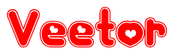 The image is a red and white graphic with the word Veetor written in a decorative script. Each letter in  is contained within its own outlined bubble-like shape. Inside each letter, there is a white heart symbol.