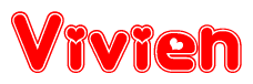 The image is a red and white graphic with the word Vivien written in a decorative script. Each letter in  is contained within its own outlined bubble-like shape. Inside each letter, there is a white heart symbol.