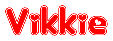 The image is a red and white graphic with the word Vikkie written in a decorative script. Each letter in  is contained within its own outlined bubble-like shape. Inside each letter, there is a white heart symbol.