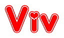 The image is a red and white graphic with the word Viv written in a decorative script. Each letter in  is contained within its own outlined bubble-like shape. Inside each letter, there is a white heart symbol.