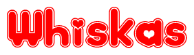 The image displays the word Whiskas written in a stylized red font with hearts inside the letters.