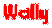 The image is a red and white graphic with the word Wally written in a decorative script. Each letter in  is contained within its own outlined bubble-like shape. Inside each letter, there is a white heart symbol.