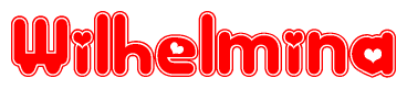 The image is a red and white graphic with the word Wilhelmina written in a decorative script. Each letter in  is contained within its own outlined bubble-like shape. Inside each letter, there is a white heart symbol.