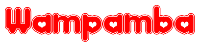 The image is a red and white graphic with the word Wampamba written in a decorative script. Each letter in  is contained within its own outlined bubble-like shape. Inside each letter, there is a white heart symbol.