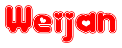 The image is a red and white graphic with the word Weijan written in a decorative script. Each letter in  is contained within its own outlined bubble-like shape. Inside each letter, there is a white heart symbol.