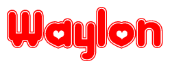 The image is a red and white graphic with the word Waylon written in a decorative script. Each letter in  is contained within its own outlined bubble-like shape. Inside each letter, there is a white heart symbol.