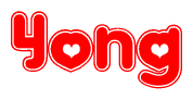 The image is a red and white graphic with the word Yong written in a decorative script. Each letter in  is contained within its own outlined bubble-like shape. Inside each letter, there is a white heart symbol.