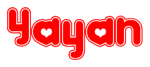The image is a red and white graphic with the word Yayan written in a decorative script. Each letter in  is contained within its own outlined bubble-like shape. Inside each letter, there is a white heart symbol.