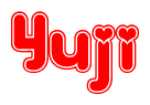 The image is a red and white graphic with the word Yuji written in a decorative script. Each letter in  is contained within its own outlined bubble-like shape. Inside each letter, there is a white heart symbol.