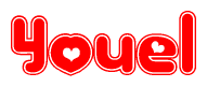 The image displays the word Youel written in a stylized red font with hearts inside the letters.