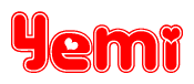 The image is a clipart featuring the word Yemi written in a stylized font with a heart shape replacing inserted into the center of each letter. The color scheme of the text and hearts is red with a light outline.