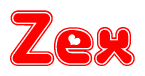 The image is a red and white graphic with the word Zex written in a decorative script. Each letter in  is contained within its own outlined bubble-like shape. Inside each letter, there is a white heart symbol.