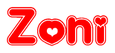 The image is a red and white graphic with the word Zoni written in a decorative script. Each letter in  is contained within its own outlined bubble-like shape. Inside each letter, there is a white heart symbol.