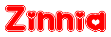 The image is a red and white graphic with the word Zinnia written in a decorative script. Each letter in  is contained within its own outlined bubble-like shape. Inside each letter, there is a white heart symbol.