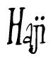 The image contains the word 'Haji' written in a cursive, stylized font.