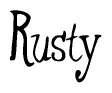 The image is a stylized text or script that reads 'Rusty' in a cursive or calligraphic font.