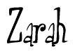 The image is of the word Zarah stylized in a cursive script.