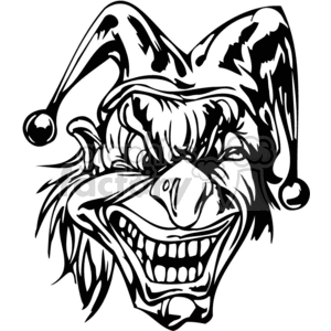 A black and white clipart image of a sinister-looking clown with an evil grin, often used in tattoo art or designs.