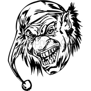 Black and white clipart of a menacing clown with exaggerated facial features.