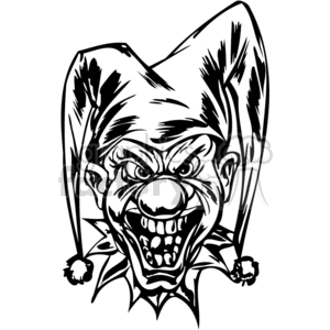 Black and white clipart image of an evil-looking clown with an exaggerated angry expression, commonly used in tattoo art.