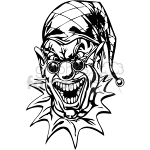 Black and white tattoo art of an angry and evil-looking clown wearing sunglasses, featuring exaggerated features and a jester's hat.