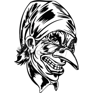 A black and white tattoo-style illustration of a scary, mean-looking clown with a mischievous expression.