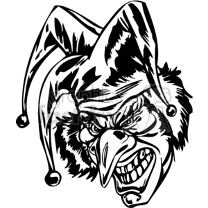 A black and white clipart of an evil-looking clown with a menacing grin, wearing a jester hat.