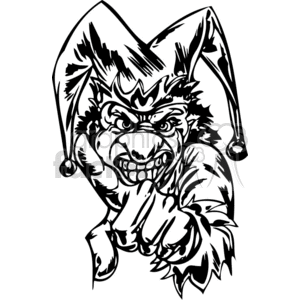 A black and white illustration of an angry, evil-looking clown with sharp features and a menacing grin. The clown's exaggerated face and sharp lines give it a sinister and intimidating appearance, suitable for tattoo or vinyl art.