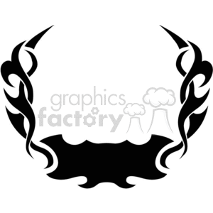 A black and white clipart image featuring a symmetrical tribal design resembling a laurel wreath. The design has sharp, flowing curves creating a dynamic and bold appearance.