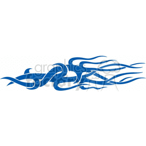 A blue tribal tattoo design featuring fluid, curving lines and shapes in a horizontal layout.