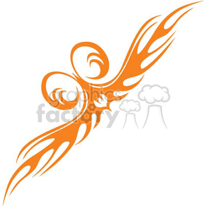 An abstract, symmetrical design in orange resembling a tribal tattoo or ornamental winged figure.