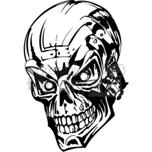 A detailed black and white clipart illustration of a robotic skull with visible mechanical parts and menacing expression.