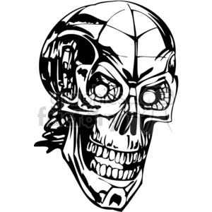 A black and white clipart image of a mechanical skull, featuring detailed elements of both human and robotic components.