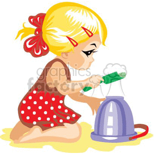 Clipart of a cute preschool girl with blonde hair wearing a red dress, playing in the sand with a bucket and shovel.