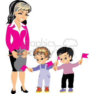 Clipart of a teacher with two young children holding pink flags, illustrating a preschool educational setting.