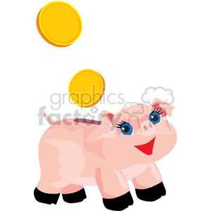 Clipart image of a smiling piggy bank with two gold coins.