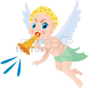 A cute cherubic angel with blond curls, blue wings, and a green sash is playing a yellow horn while flying.