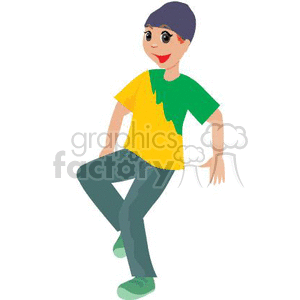 Clipart image of a cheerful person wearing a purple hat, green and yellow shirt, gray pants, and green shoes, dancing or striking a playful pose.