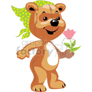 teddy bear with a green polka dot bandanna and a pink flower  