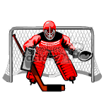 Animated hockey goalie guarding the net.